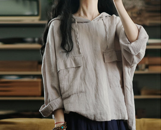 edoa Loose Washed Flax Linen Hooded Pullover 