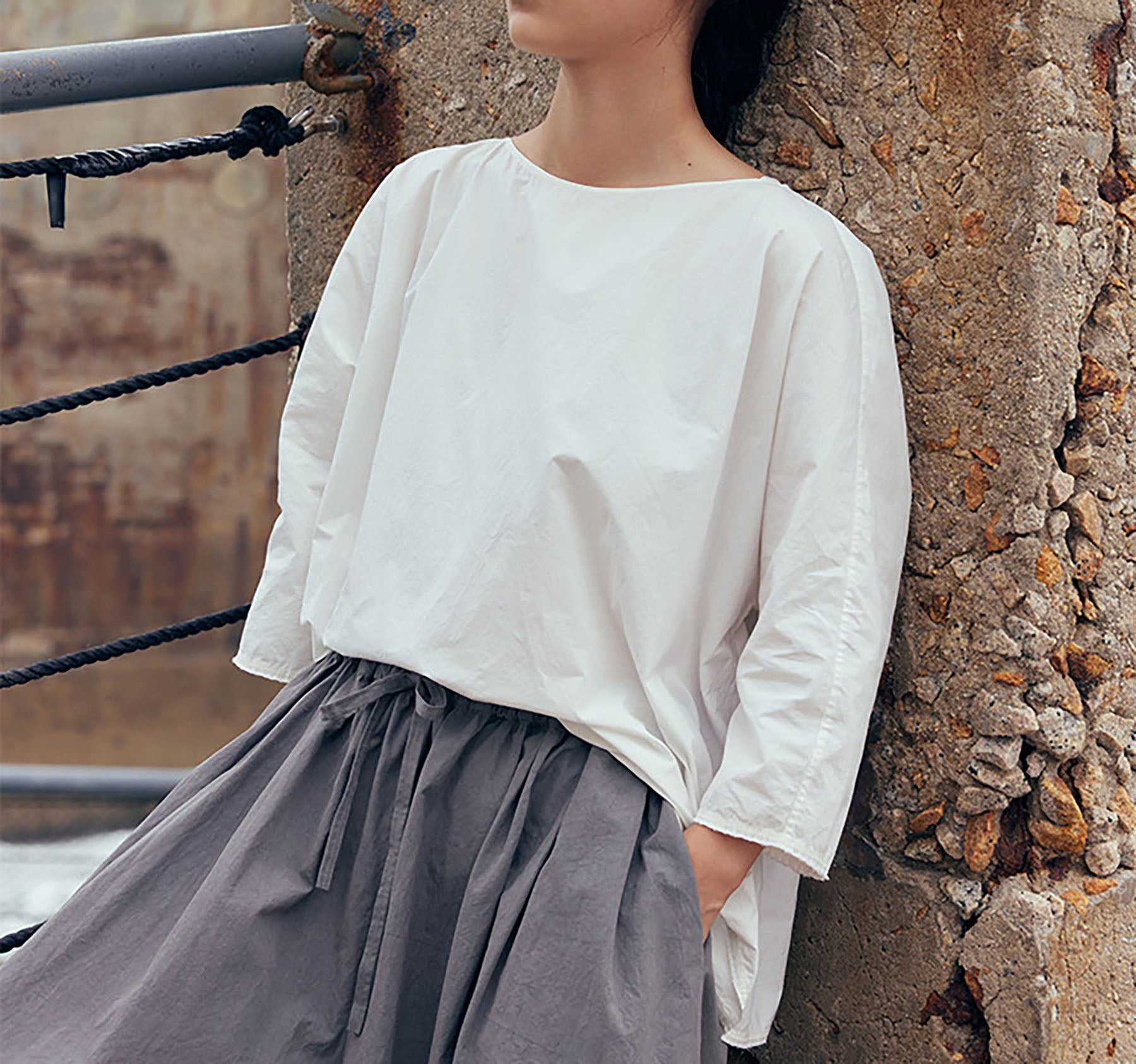 edoa White Loose Fitting Dolman Sleeves  Cotton Pullover Shirt