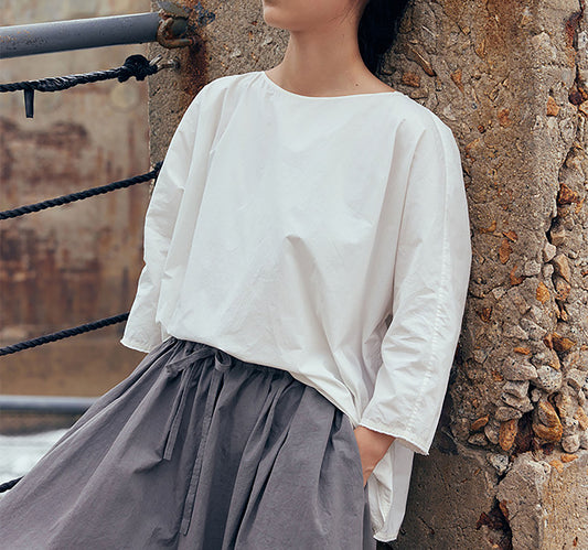 edoa White Loose Fitting Dolman Sleeves  Cotton Pullover Shirt