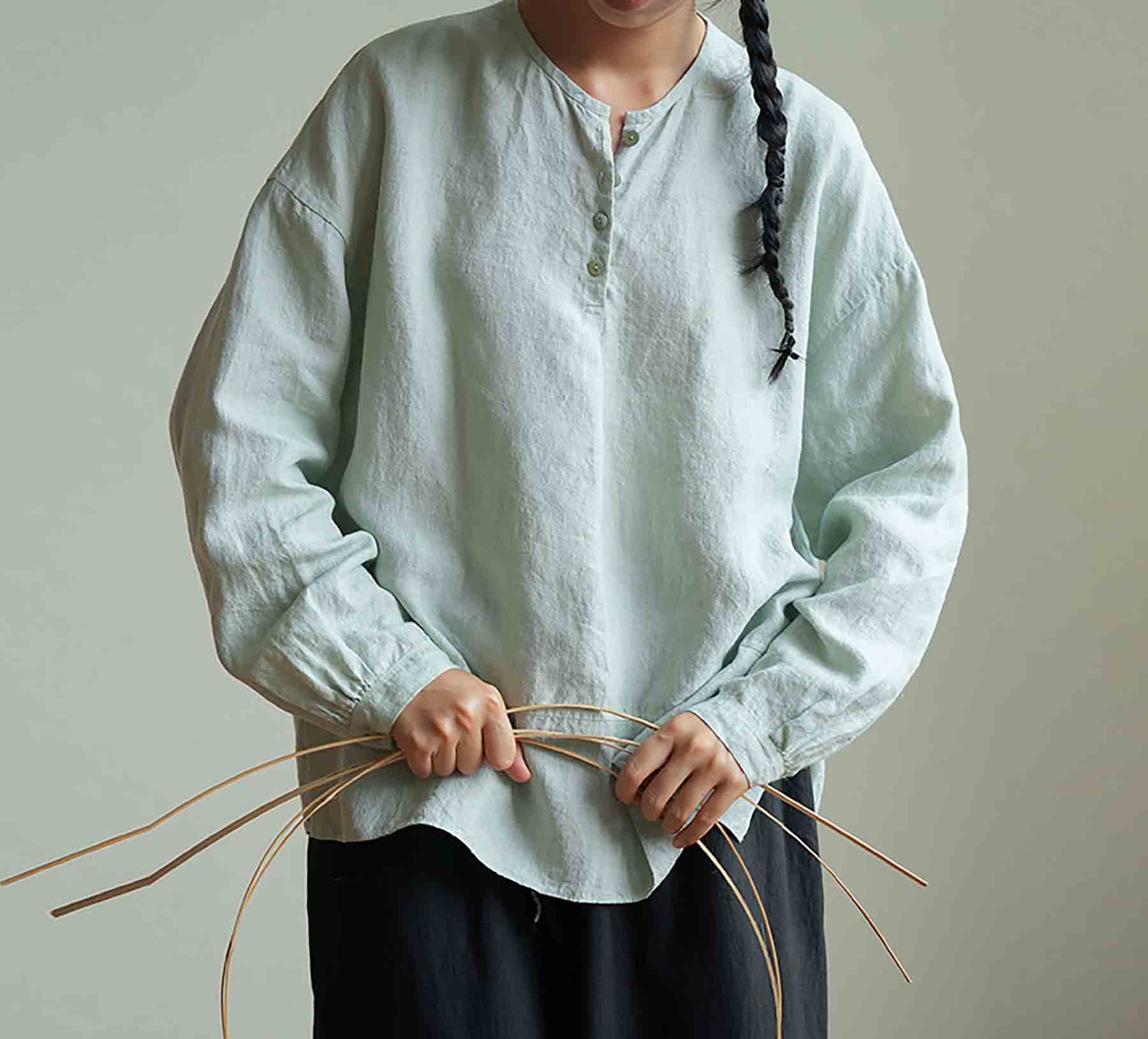 edoa Mint Green Linen Long Sleeve Artist Pullover Shirt