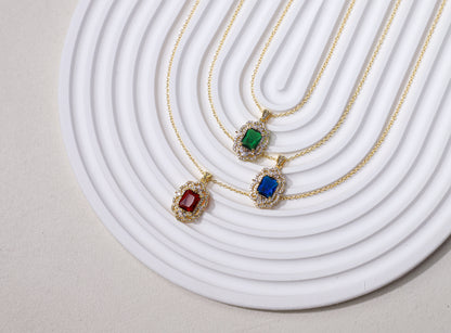 edoa Vintage Victorian Rectangle Halo Gemstone Necklace 
