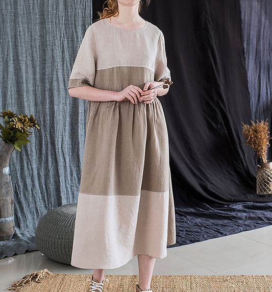edoa Nordic Forest Series Linen Earth Tone Patchwork Half-Sleeve Dress