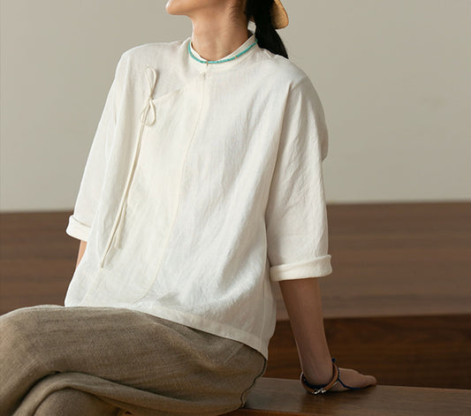 edoa Washed Linen Modified Chinese Blouse 