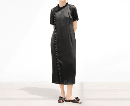 edoa Mud Silk Charmeuse Ruffle Qipao