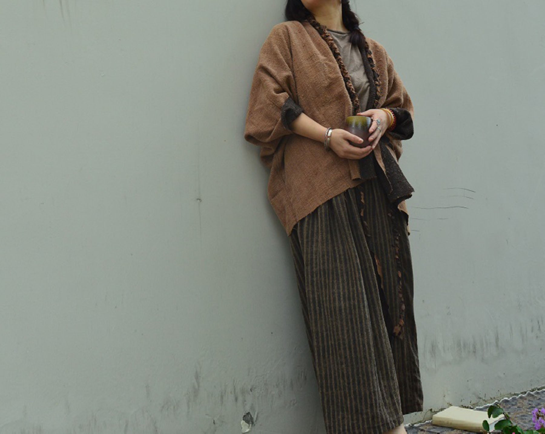 edoa Reversible Mud Tussah Silk Braided Cardigan
