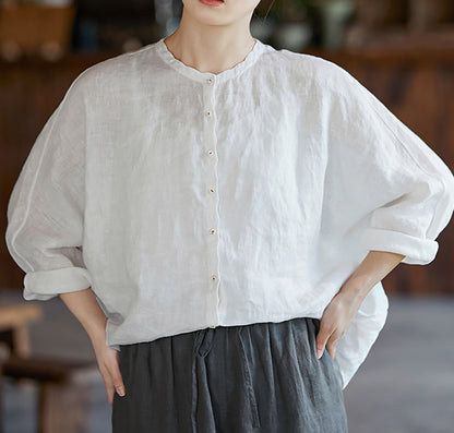 edoa Free Size Loose White Linen Petal Blouse 