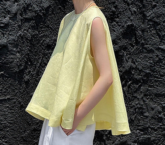 edoa Lovely Yellow Linen Trapeze Tank Top