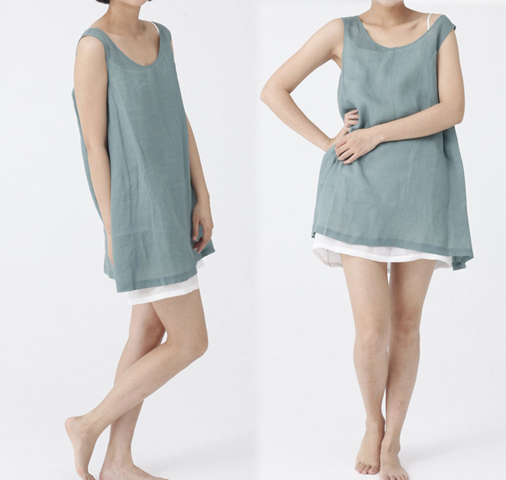 edoa Thin Ramie Trapeze Tank Top with Box Pleated Underarm