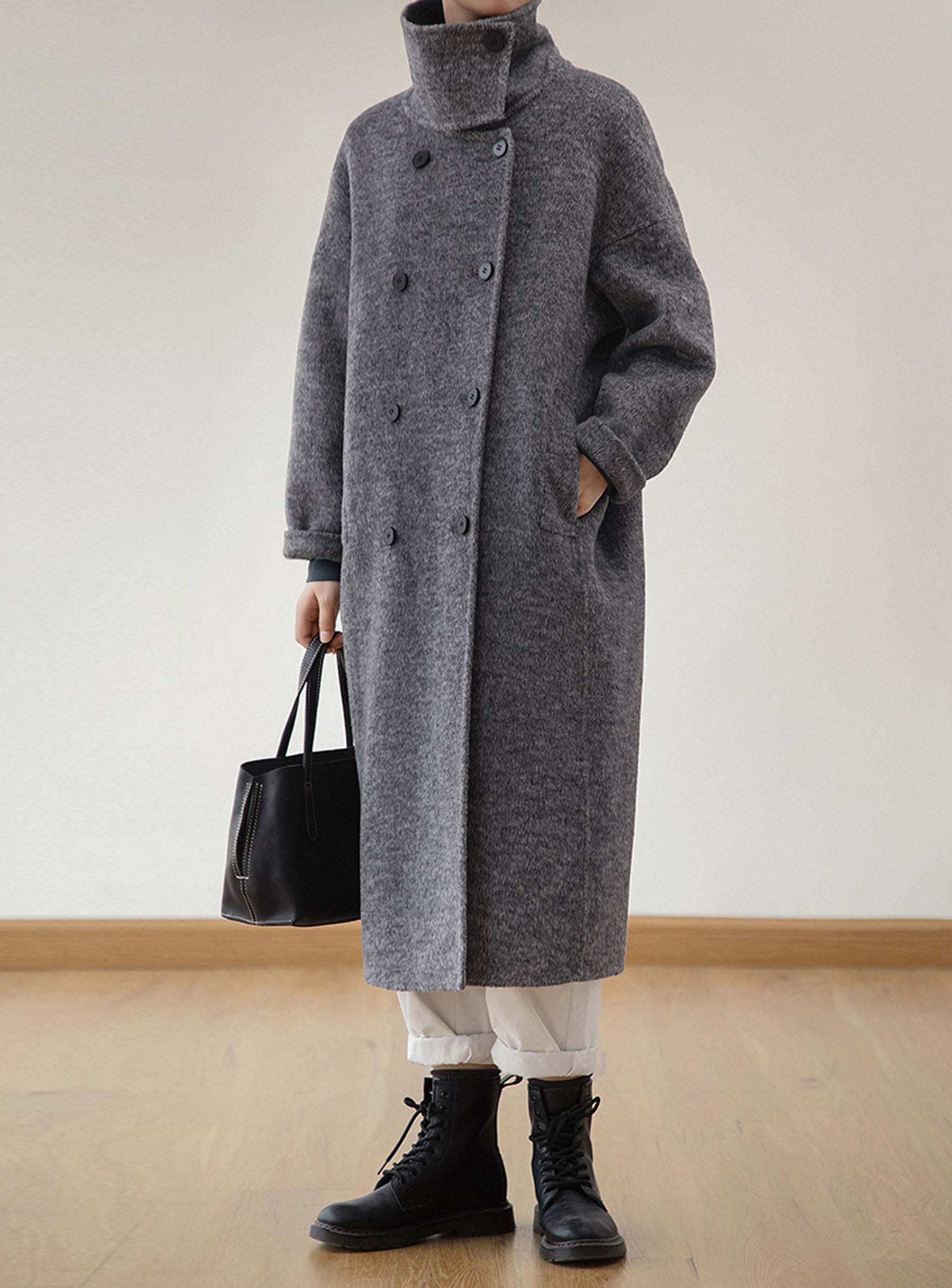 Double Faced Alpaca High Neck Cocoon Coat 