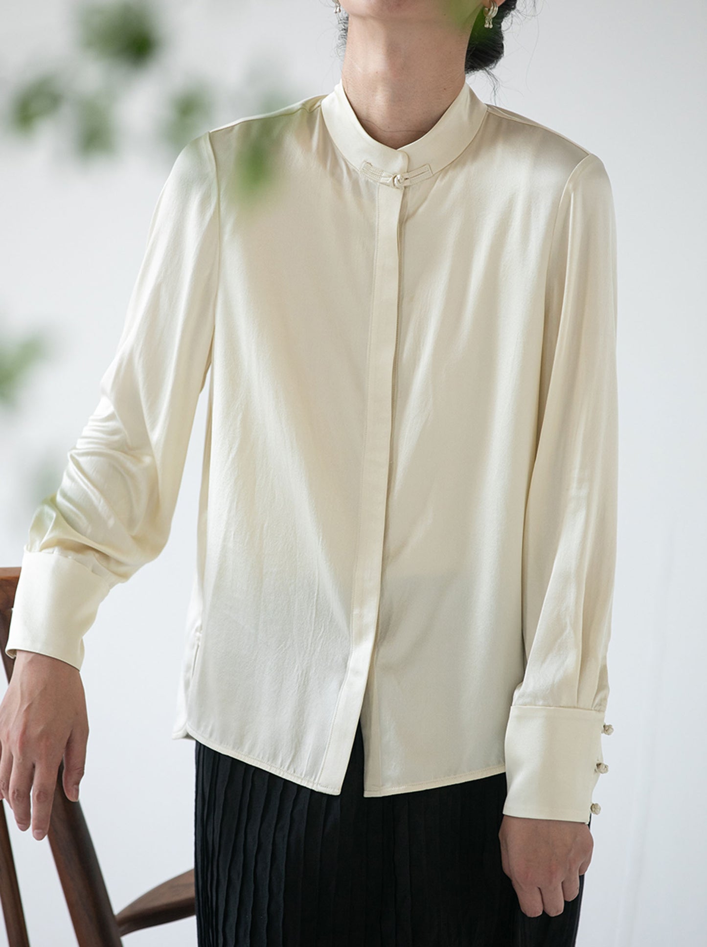edoa Stone Washed Silk Satin Chinese Blouse 