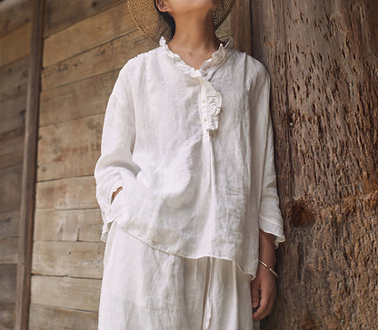 edoa White Linen Ruffled Pullover Shirt