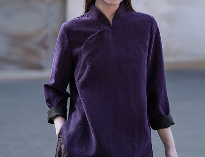 edoa Purple Cracked Mud Silk Cheongsam Top