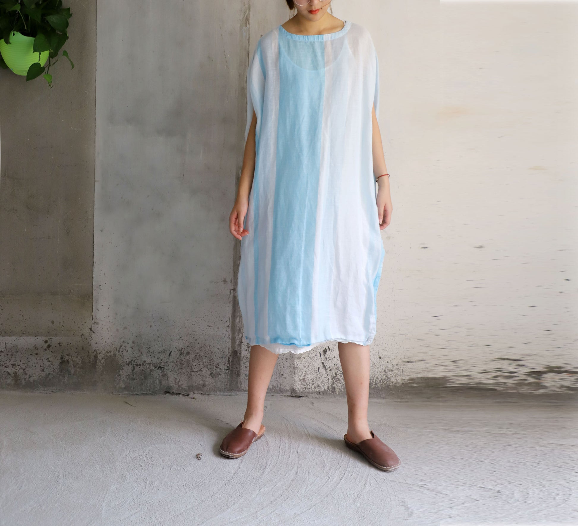 edoa Striped Ramie Oversized Circle Dress