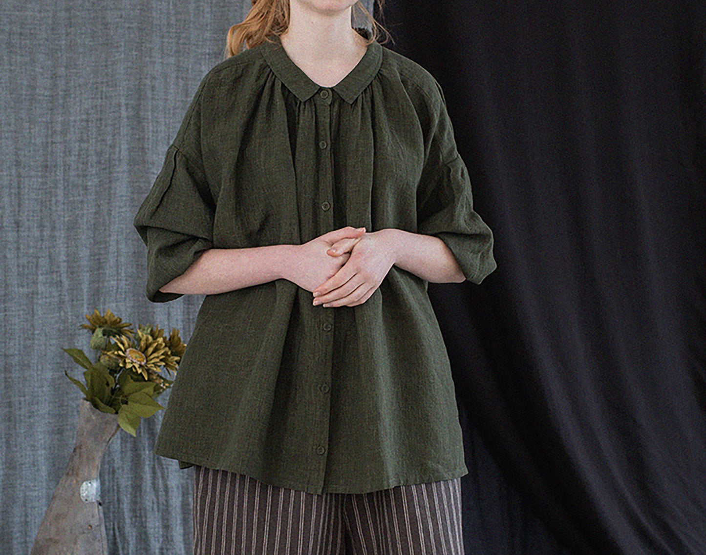 edoa Forest Green Linen Peter Pan Collar Babydoll Shirt