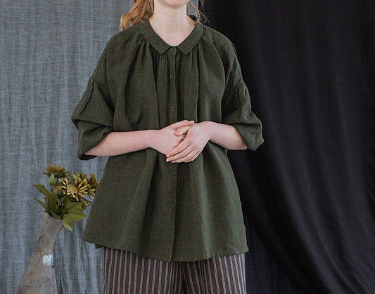edoa Forest Green Linen Peter Pan Collar Babydoll Shirt