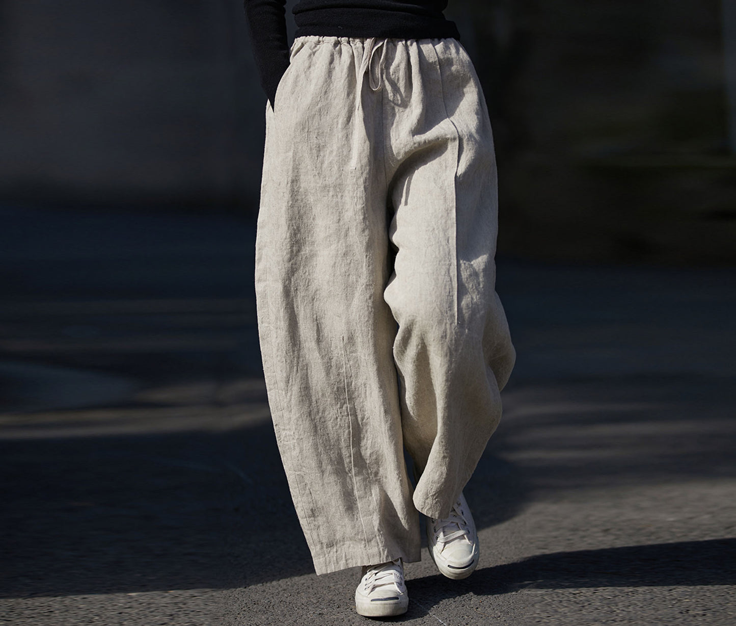 edoa Linen Asymmetric Tucks Wide Leg Crop Pants