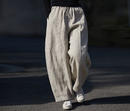 edoa Linen Asymmetric Tucks Wide Leg Crop Pants
