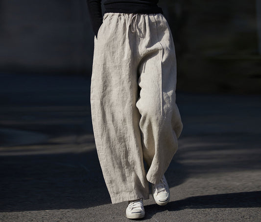 edoa Linen Asymmetric Tucks Wide Leg Crop Pants