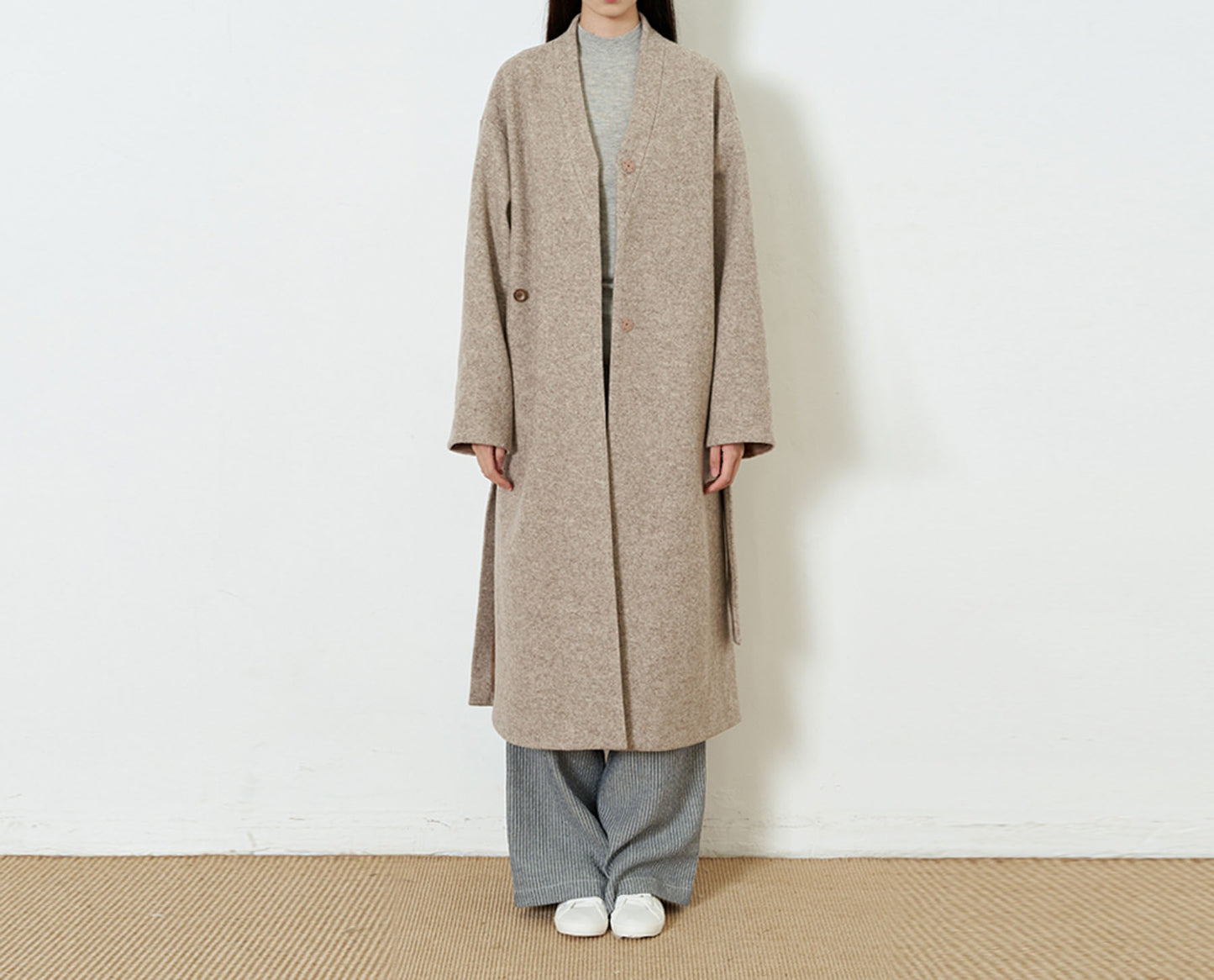 edoa Boiled Wool Minimalist V-neck Trapeze Long Coat
