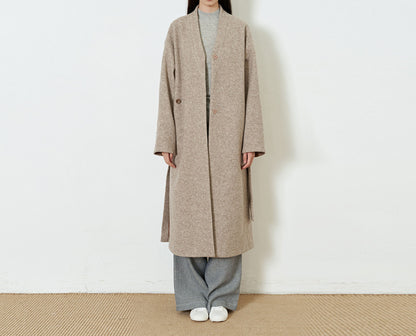 edoa Boiled Wool Minimalist V-neck Trapeze Long Coat