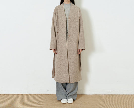 edoa Boiled Wool Minimalist V-neck Trapeze Long Coat