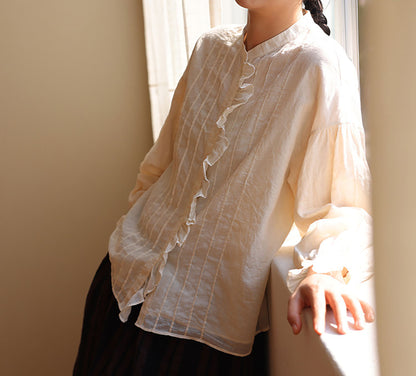 edoa Elegant Double-layer High Counted Long Staple Cotton Pintucked Ruffle Blouse
