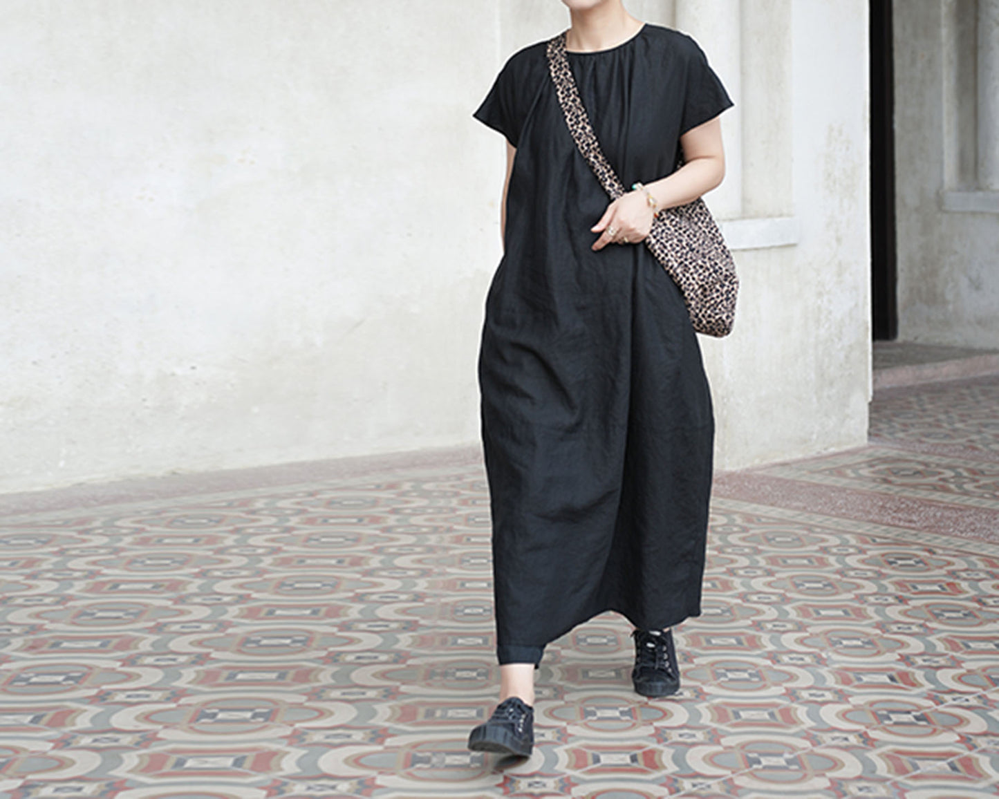 edoa Loose Linen Gathered Cocoon Dress