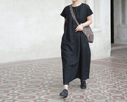 edoa Loose Linen Gathered Cocoon Dress