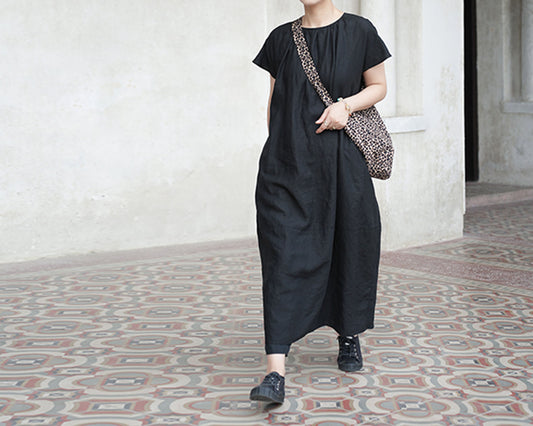 edoa Loose Linen Gathered Cocoon Dress