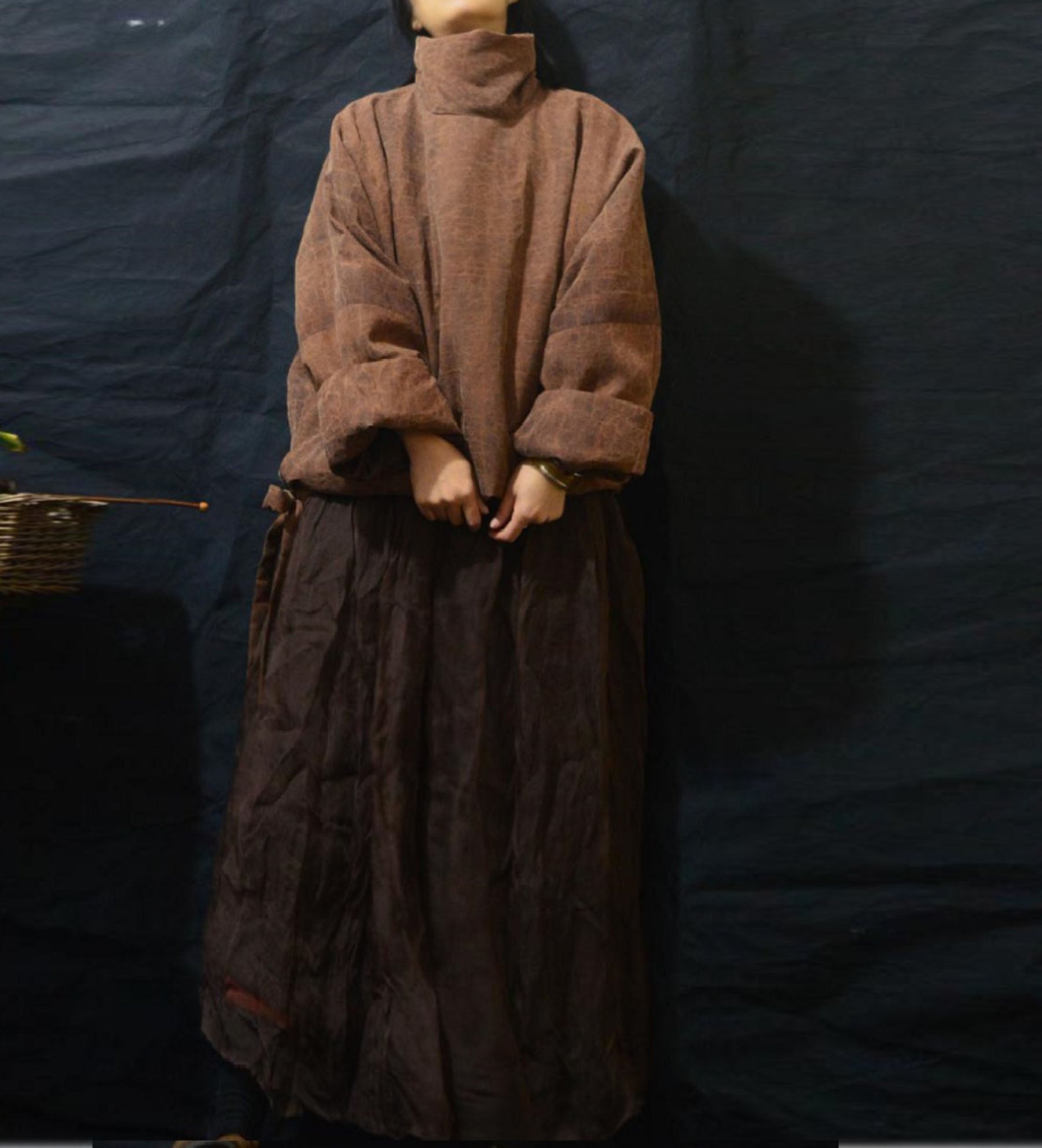 edoa Cracked Mud Silk Goose Down Turtleneck Coat 