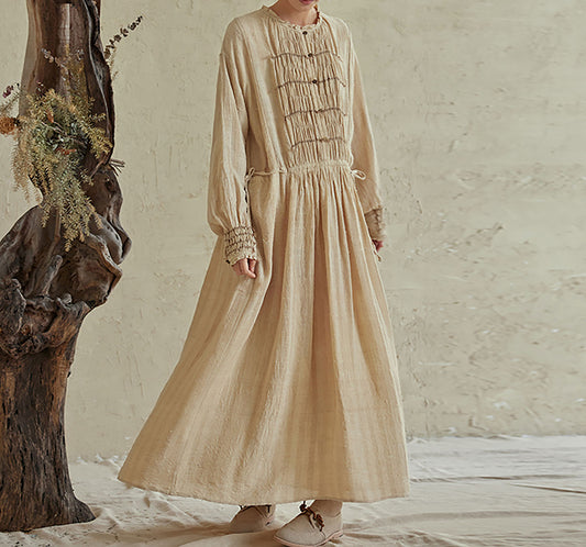 edoa Natural Raw TussaH Silk Smocking Shirt Dress