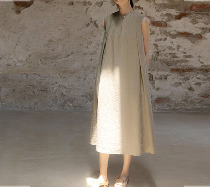 edoa Yarn Dyed Linen Sleeveless Pleated A-line Dress
