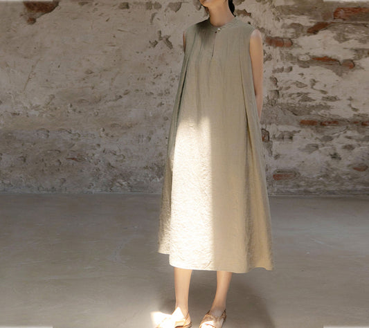 edoa Yarn Dyed Linen Sleeveless Pleated A-line Dress