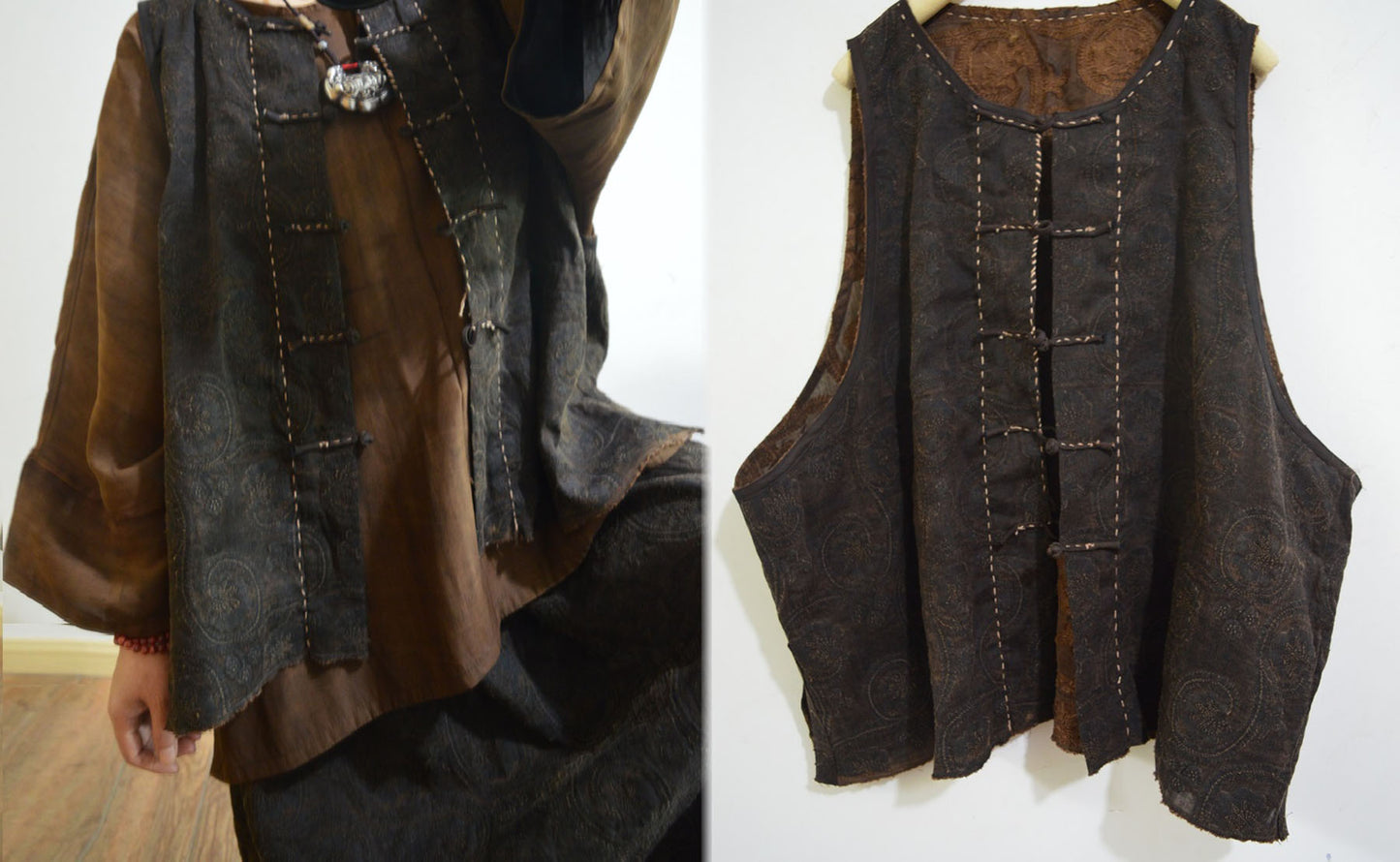 Reversible Mud Silk Linen Blend Jacquard Chinese Vest to0167 A622