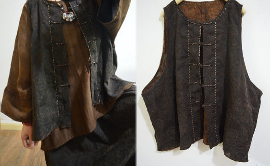 Reversible Mud Silk Linen Blend Jacquard Chinese Vest to0167 A622