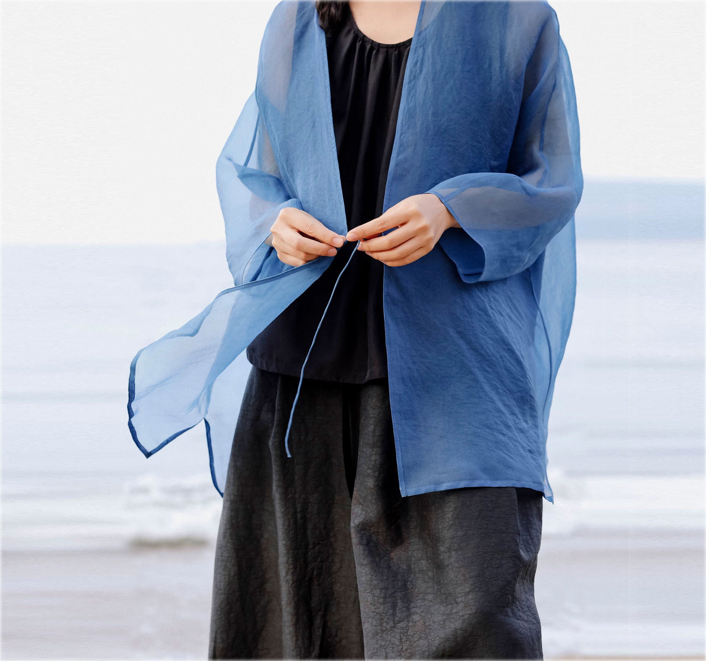 edoa Indigo Blue Mulberry Silk Organza Jacket 