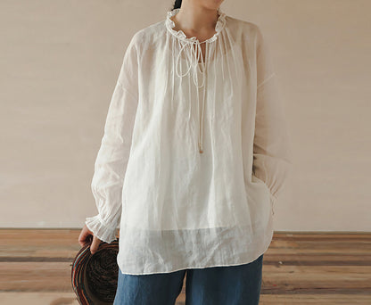 edoa Thin Ramie Pintuck Poet Blouse