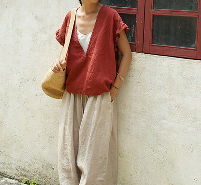 edoa Deep V-neck Washed Linen Pullover Top with Ruffled Sleeves