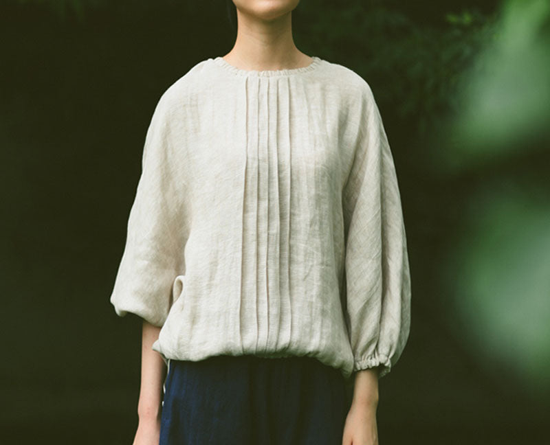 edoa Double Layer Linen Victorian Blouse with Balloon Sleeve