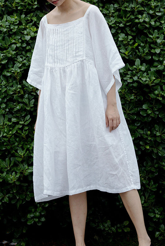 edoa White Ramie Pintucked Tunic Dress