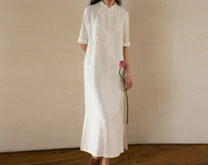 edoa Half Sleeves Silk Linen Blend Qipao