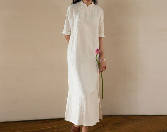 edoa Half Sleeves Silk Linen Blend Qipao