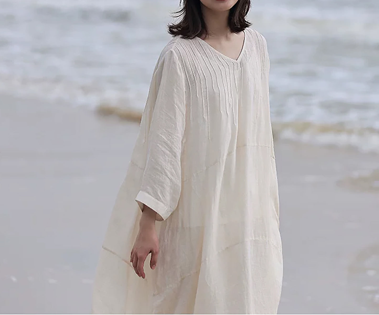 edoa Oversized Hand Pintucked Linen Ankle-length Dress