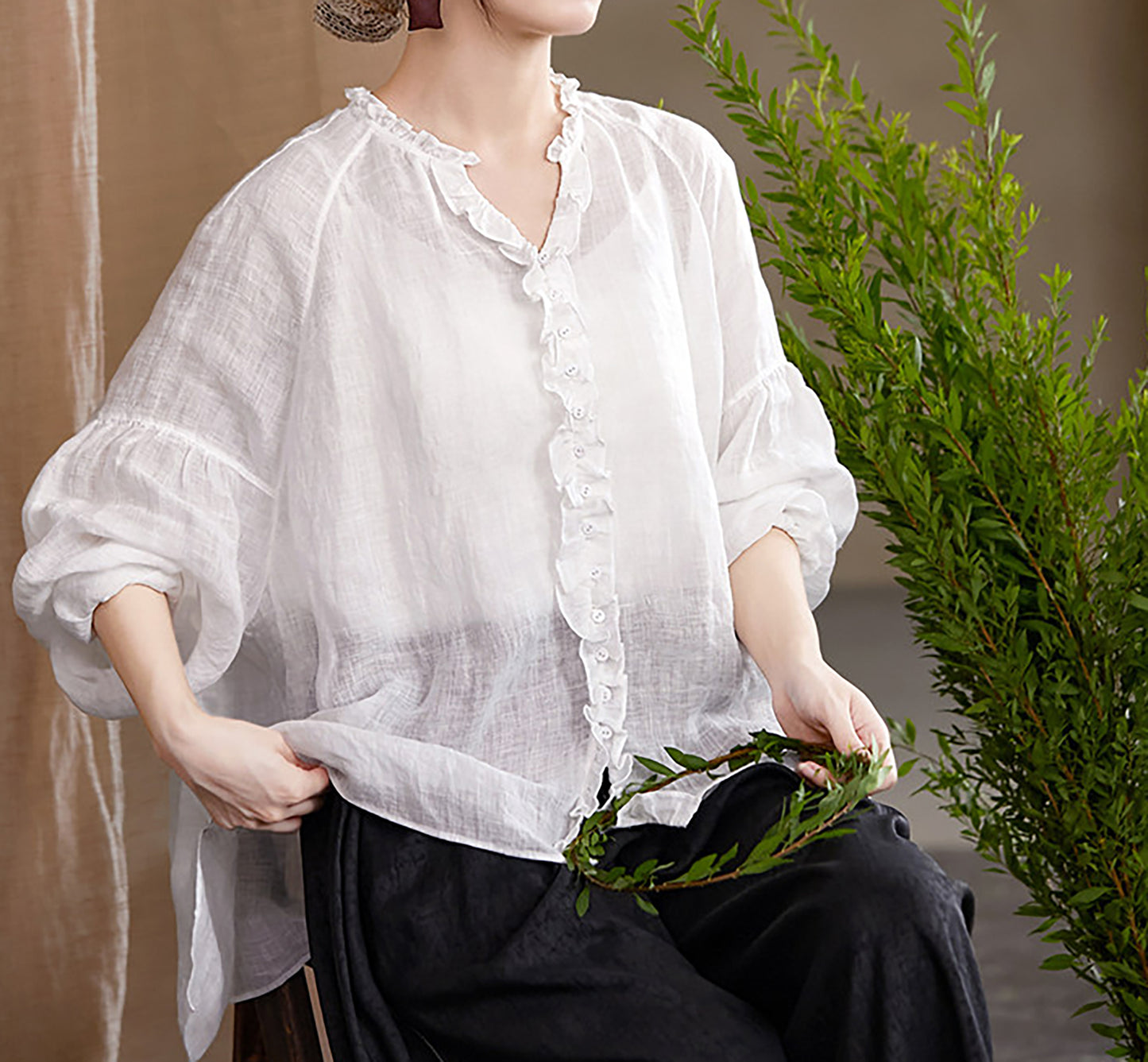 edoa Oversized High Count Hemp Ruffle Blouse