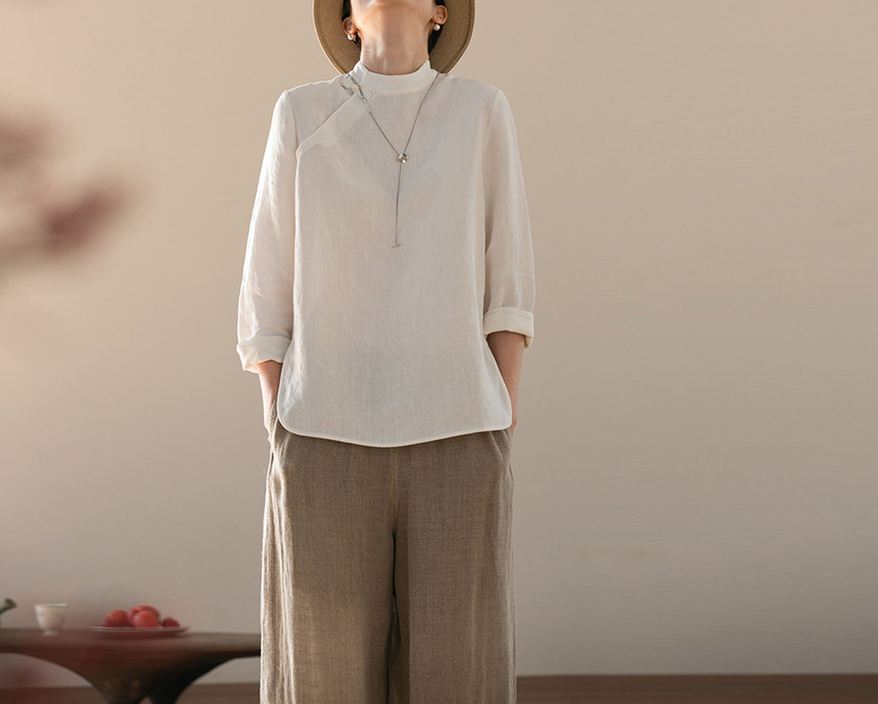 edoa Washed Linen Modified Qipao Top