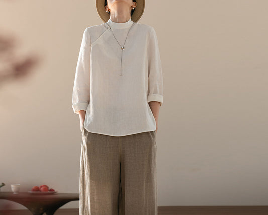edoa Washed Linen Modified Qipao Top
