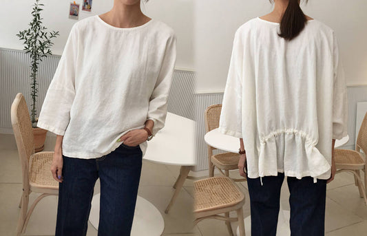 edoa Loose White French Linen T Shirt