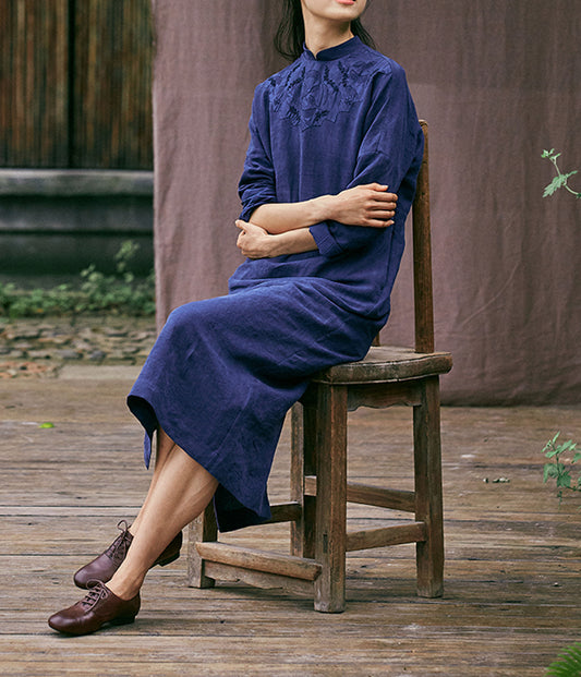 edoa Washed Linen Applique Qipao Dress
