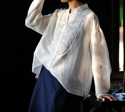 edoa White Dupioni Silk Asymmetric Pintuck Blouse