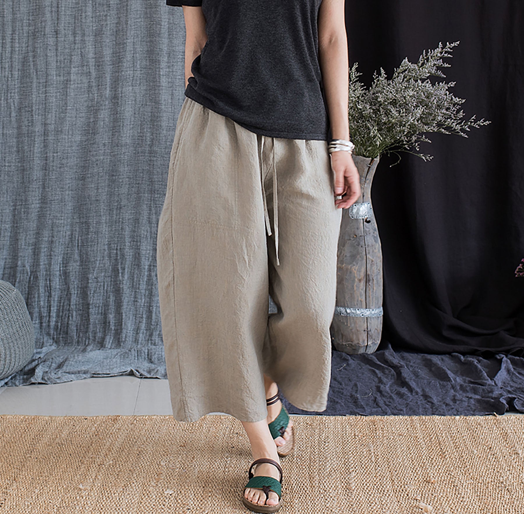 edoa Yarn Dyed French Linen Wide Pants